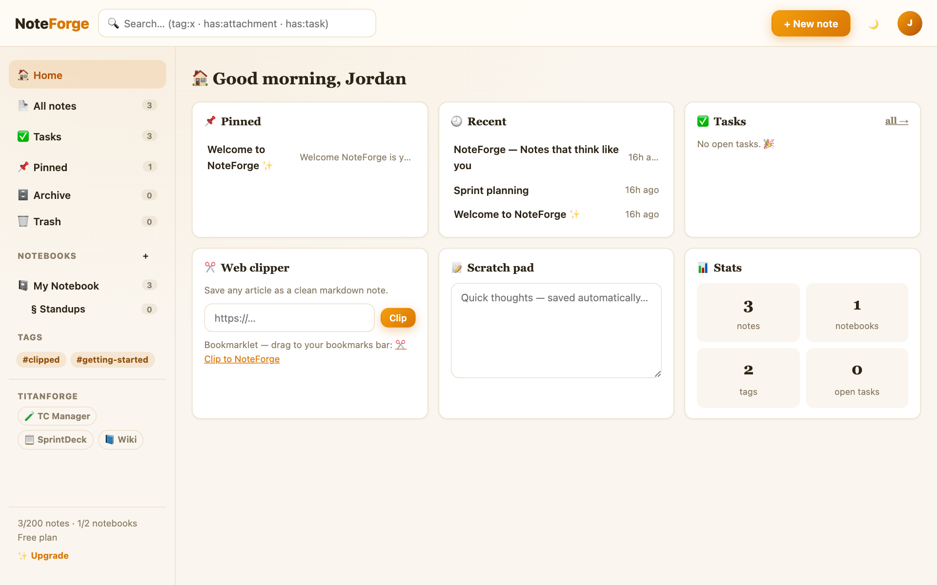 NoteForge home dashboard with widgets