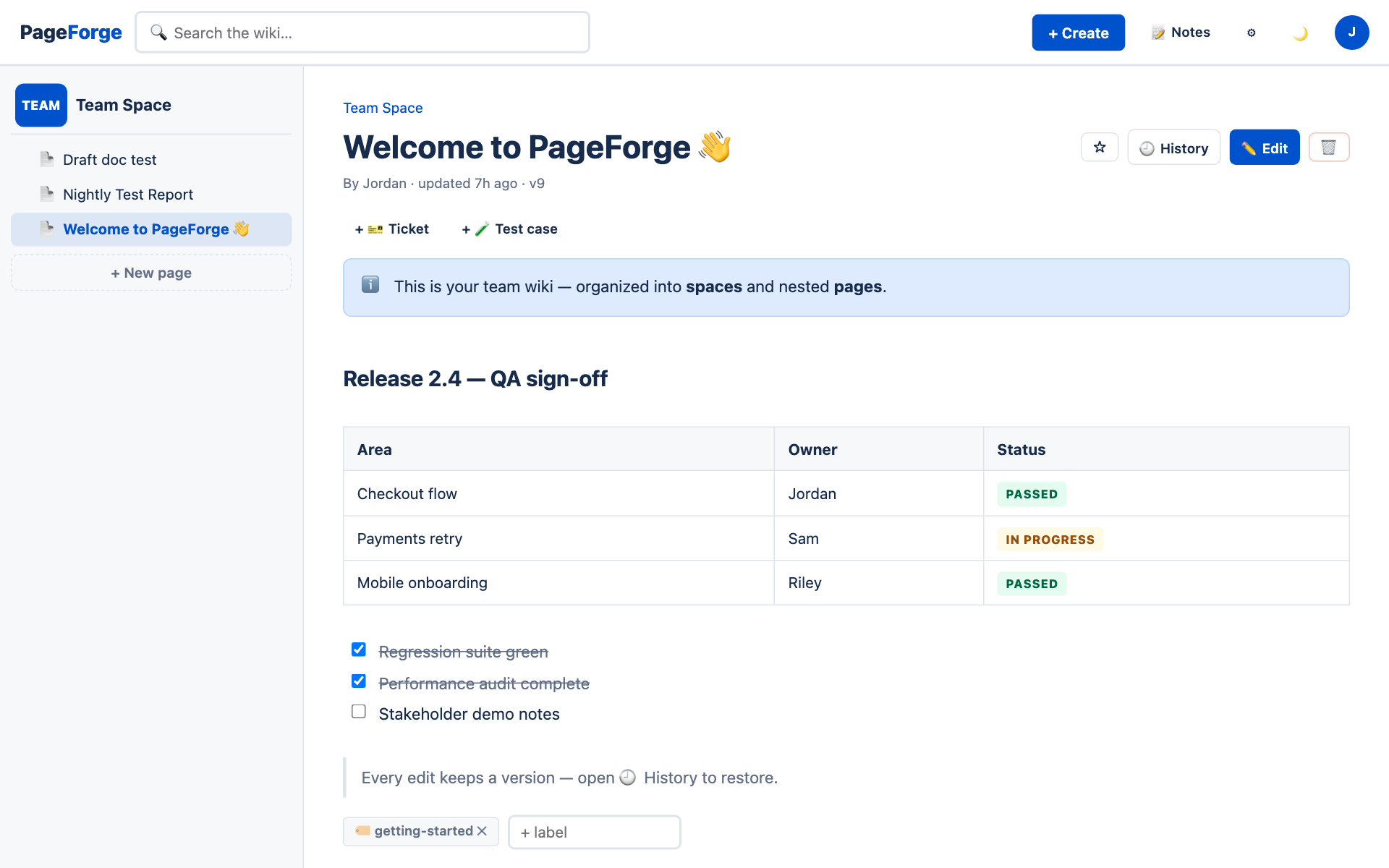 PageForge wiki page with panels and tables