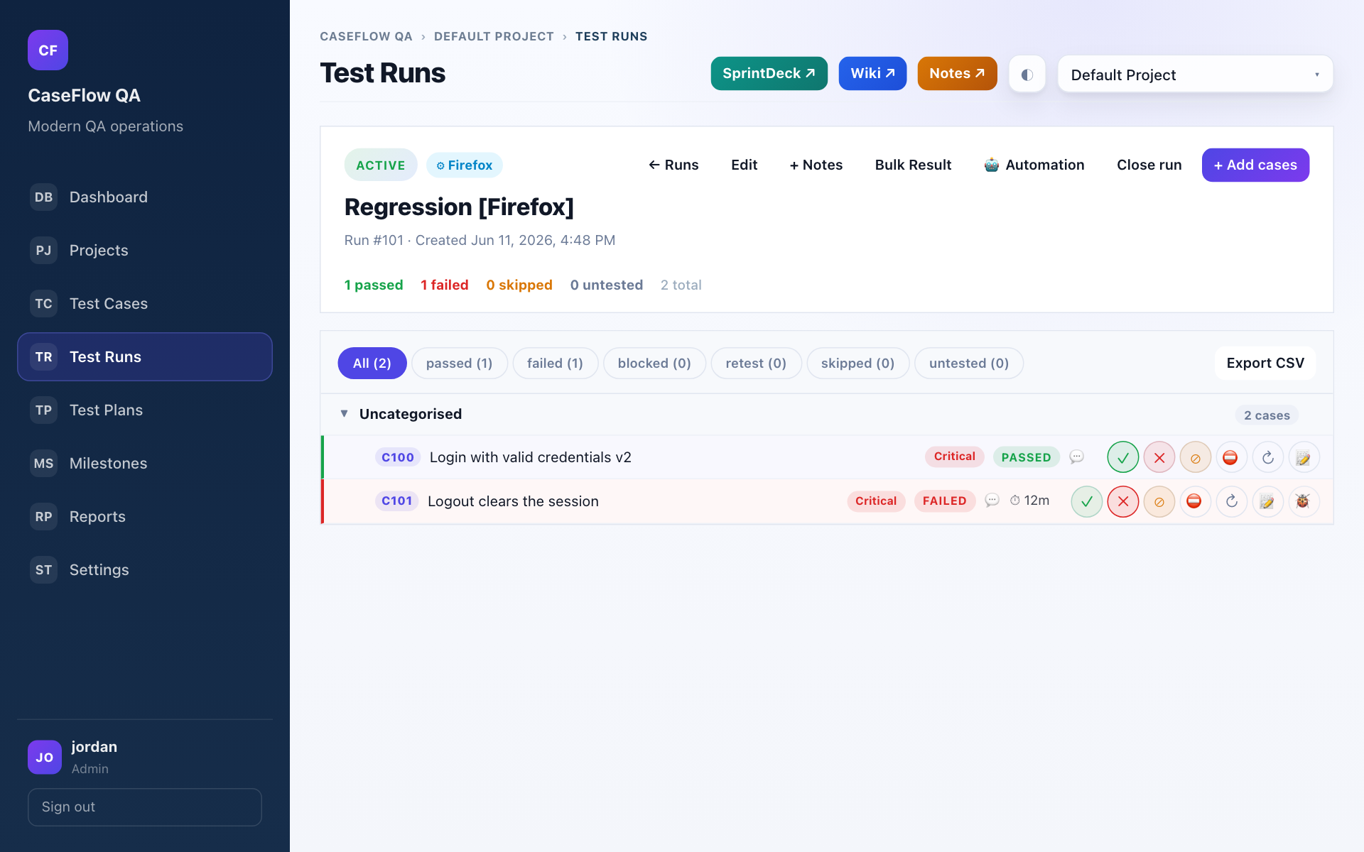 TC Manager test run with pass/fail results