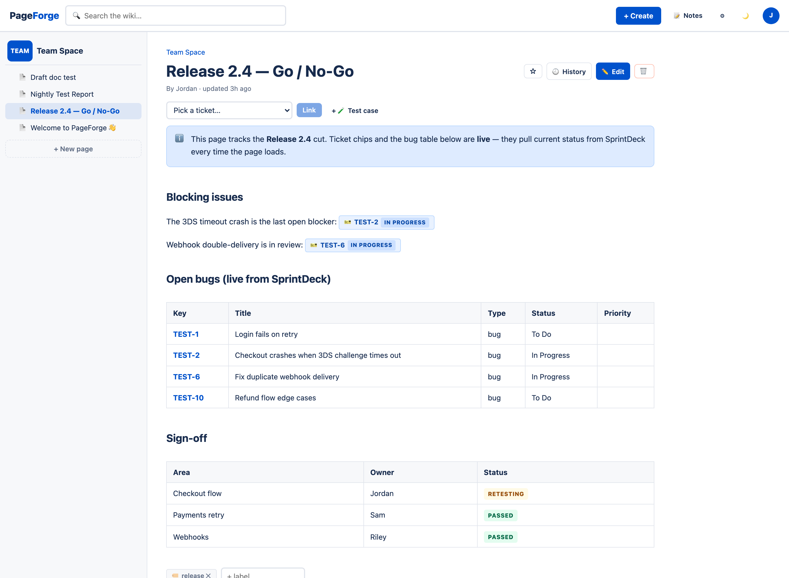 PageForge wiki page embedding live SprintDeck ticket chips and a live bug report table