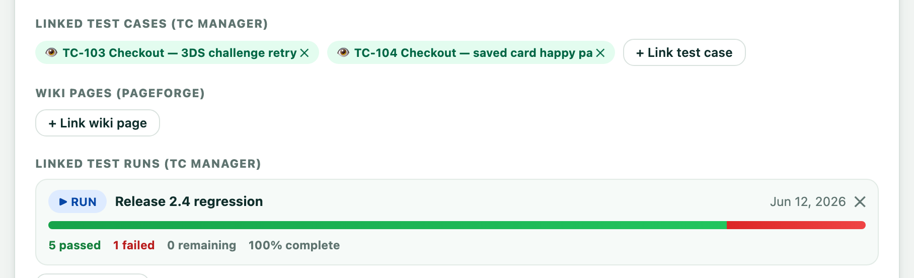 SprintDeck ticket showing linked CaseRack test cases and a live test run progress bar